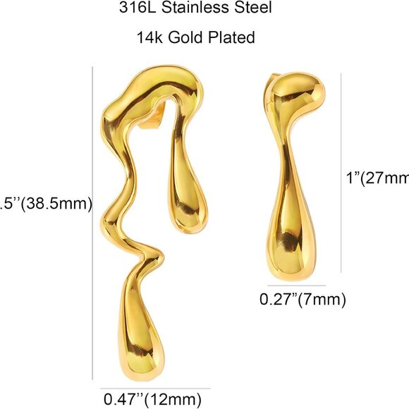 Irregular Waterdrop Mismatched Earrings for Women, Gold Stainless Steel Drop Jew - Picture 4 of 5